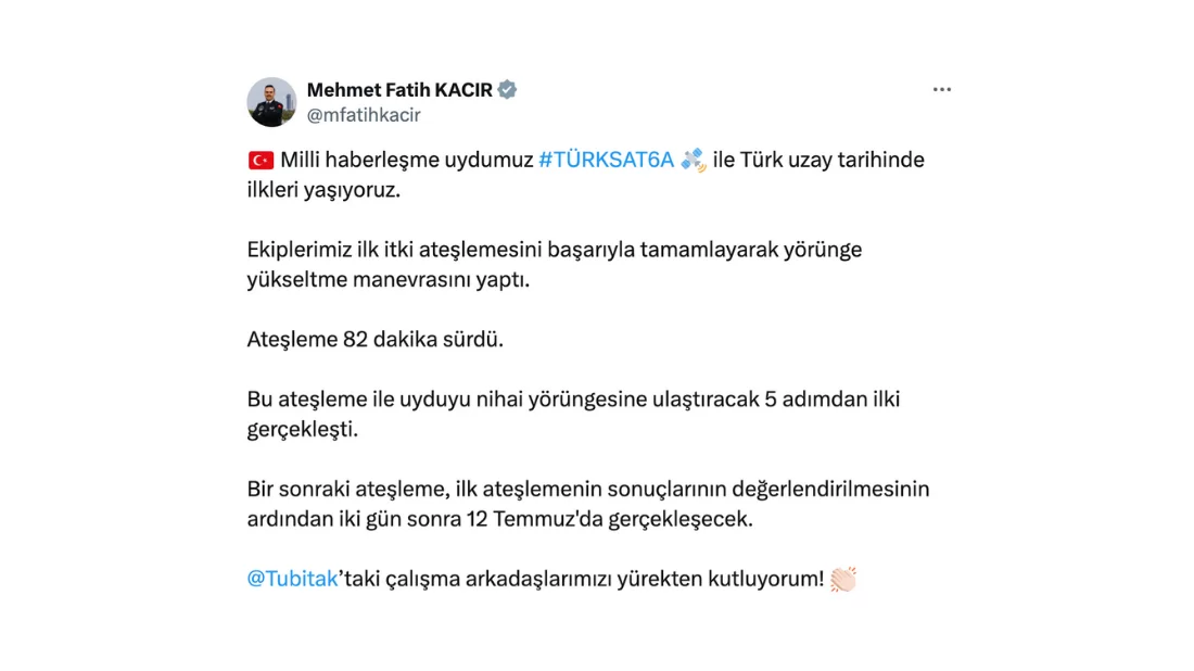 Sanayi ve Teknoloji Bakanı Mehmet Fatih Kacır'dan TÜRKSAT 6A Açıklaması